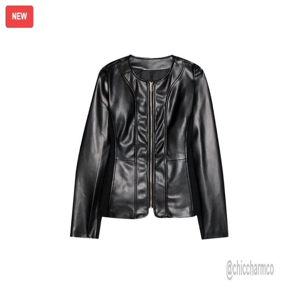 Faux Leather Jacket Zip Front Long Sleeve Minimal Chic Y2K Retro